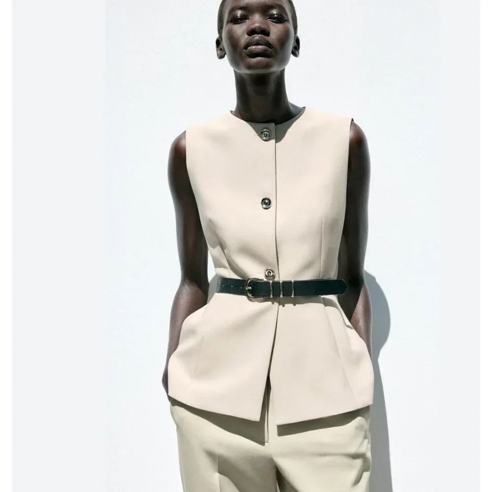 Zara Womens Long Belted Vest XS Beige Sleeveless Button Front 2349/696 NWOT